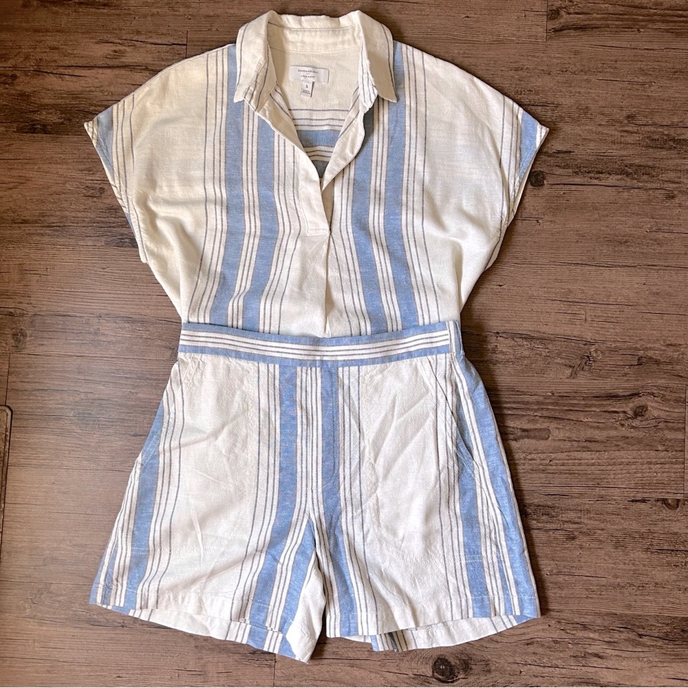 Banana Republic Linen Blend Blue and Cream Striped Short Set